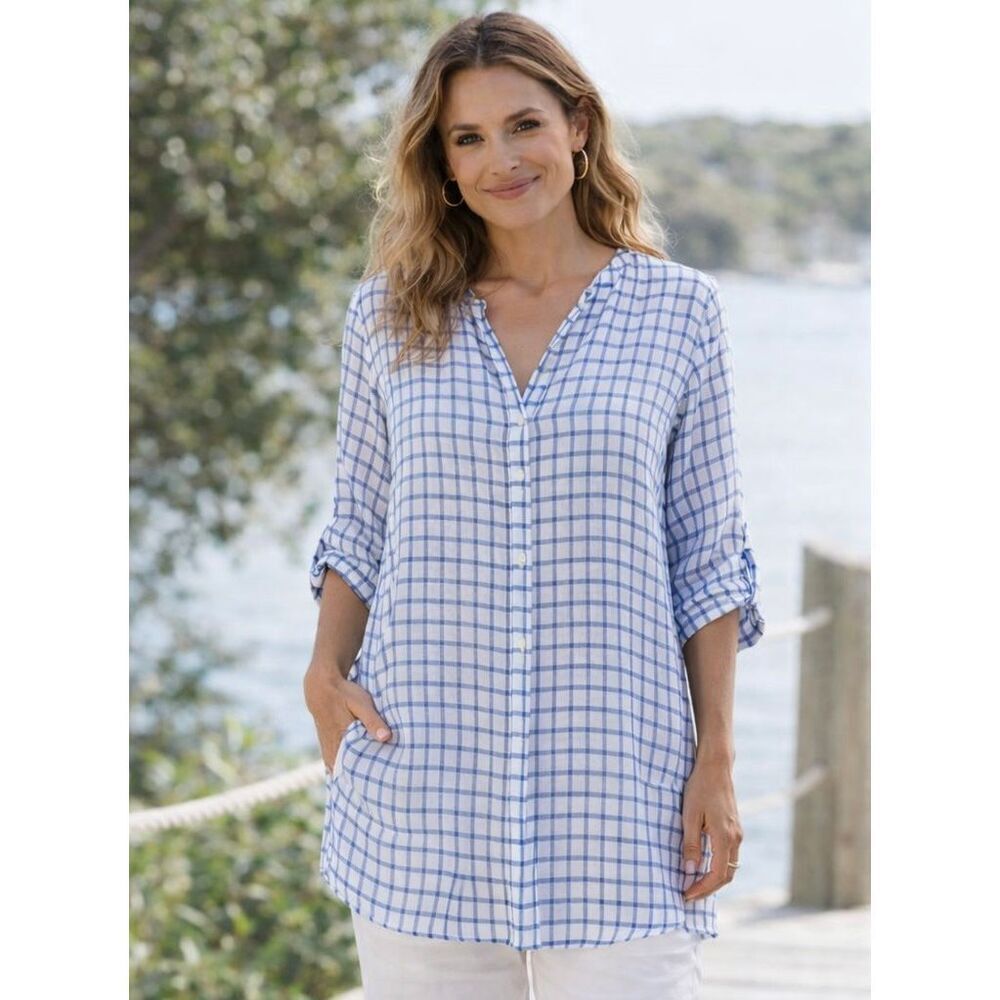 FLAX Linen Checked Tunic Button Roll Tab Shirt Blue, White Size S